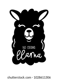 No drama llama cute card with cartoon llama. Llama motivational and inspirational quote. Cute  llama drawing with lettering isolated on white backround, hand drawn vector illustration.