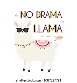 No drama llama. Cute card with cartoon  llama and clouds.