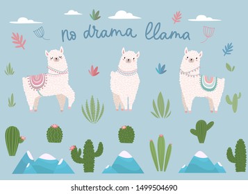 No drama llama cute cartoon set with lettering vector illustration. Collection consists of white lama, alpaca, mountains, cactus and positive inscription. Design for invitations, birthday, room decor