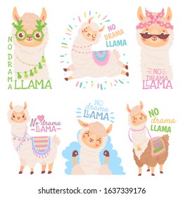 No drama llama. Funny llamas or cute alpacas quote, happy mexican alpaca vector illustration set. Collection of adorable fluffy domestic South American or Andean animals. Bundle of amusing crias.