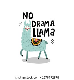 No drama llama hand drawing lettering. caricature lama with decorative elements. Flat simple vector illustration. Hand drawing for children. baby design for posters, prints on t-shirts, cards