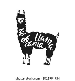 No drama llama. Hand drawn inspiration quote about happiness with lama. Typography design for print, poster, invitation, t-shirt. Vector illustration.