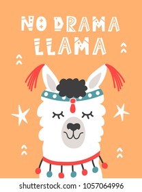 Kein Drama Llama. Handgezeichnetes Poster mit Cartoon Cute Alpaca. Tribal Poster. Kinderkrippe Childish Print. Vektorgrafik