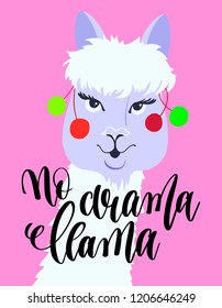 no drama llama hand lettering poster with alpaca portrait on pink background, lama animal vector illustration