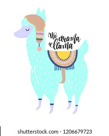 no drama llama hand lettering poster with alpaca portrait on pink background, lama animal vector illustration