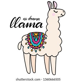 No drama llama lettering vector illustration in flat style. Design elements for children clothes, baby nursery design, poster, birthday greeting card, party invitation, sale banner. EPS10