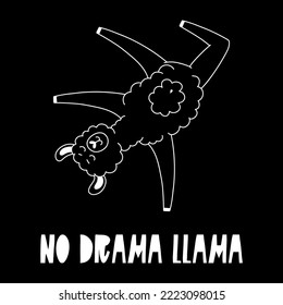 No drama llama outline illustration. Black background.