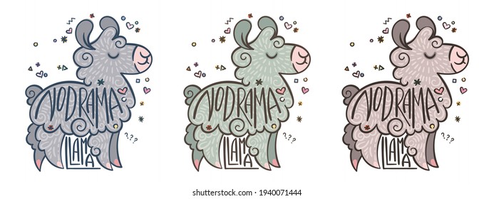 No Drama Llama. Set of cute curly alpacas with lettering. Illustration for coloring pages, children prints and publications