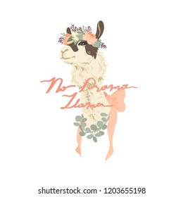No drama llama slogan. Lama with decorations. Typography graphic print, fashion drawing for t-shirts .Vector stickers,print, patches vintage