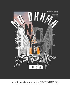 no drama slogan on city sketch background for fashion print