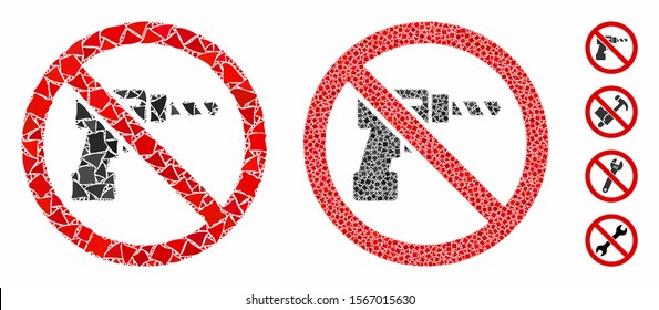 No drill composition of rugged pieces in different sizes and shades, based on no drill icon. Vector unequal pieces are combined into composition. No drill icons collage with dotted pattern.