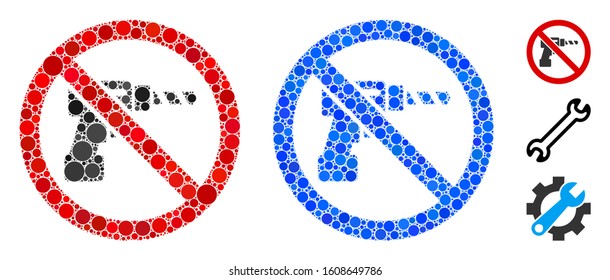 No drill mosaic of filled circles in various sizes and color hues, based on no drill icon. Vector filled circles are organized into blue illustration. Dotted no drill icon in usual and blue versions.