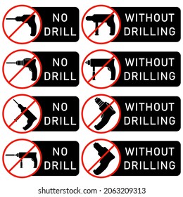 No drill and without drilling icon with power drill symbol. Crossed out and prohibition sign vector clipart. Design template for website elements, tag, sticker and other use.