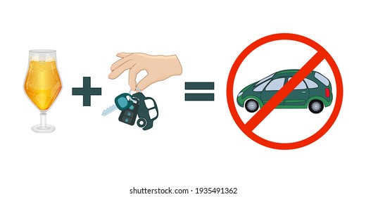 No drink and drive concept. Alcohol in glass, hand with car key and red circle stop sign with car isolated on white. Be a responsible driver. Warning banner do not drive and drink. Vector illustration