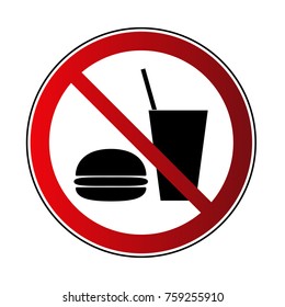 No drink no food sign. Prohibited sign beverage and meal, isolated on white background. Black silhouette hamburger, glass in red circle pictogram. Forbidden warning fastfood Vector illustration