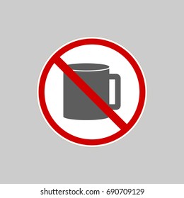 No drink icon. Silhouette grey mug in red circle. Prohibition drink tea, juice, beverage. Sign on white background. Symbol forbidden beverage. Mark warning. Flat vector image. Vector illustration