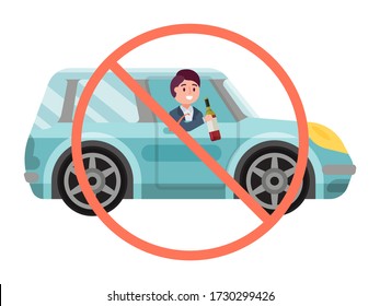 No Drink Sign Alcohol Driving Car, Male Character Hold Bottle Alcohol Wine In Vehicle Isolated On White, Flat Vector Illustration. Boozy Person Cheerful Mood Control Auto, Criminal Intent.