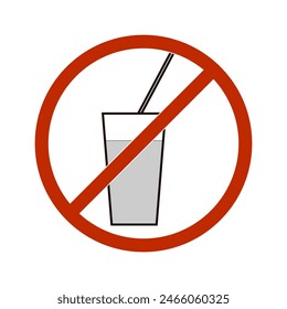 No drink sign. Silhouette hamburger and cup in red circle. Sign no meal on white background. Label no eating. Symbol forbidden fast food for poster, banner. Mark warning. Flat vector illustration