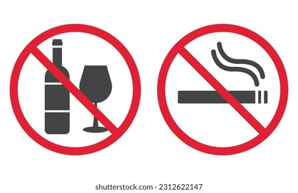 No drink, no smoking poster. Forbidden pictogram. Red stop circle symbol. No allowed sign. Prohibited zone. Vector illustration isolated on white background