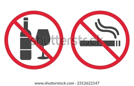 No drink, no smoking poster. Forbidden pictogram. Red stop circle symbol. No allowed sign. Prohibited zone. Vector illustration isolated on white background