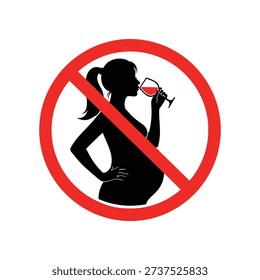 No drinking alcohol during pregnancy warning sign with silhouette pregnant woman drinking wine icon