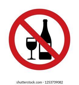 No Drinking Alcohol Or Wine With Red Banned Sign And Wineglass And Bottle Flat Vector Icon