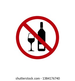 No drinking alcohol or wine with red banned sign and wineglass and bottle flat vector icon
