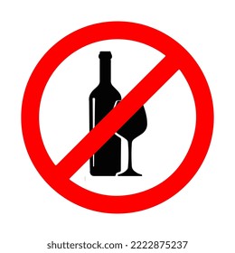 No drinking alcohol or wine with red banned sign and wineglass and bottle flat vector icon