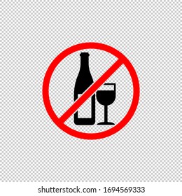 No drinking alcohol or no wine symbol icon flat in black and red. Forbidden symbol simple on isolated background. EPS 10 vector.