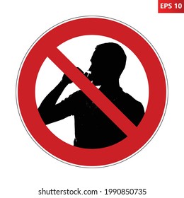 No drinking sign. Vector illustration of red crossed out circle prohibition sign with realistic young man drinking coffee. Ban on caffeinated drinks. No drink symbol isolated on background.