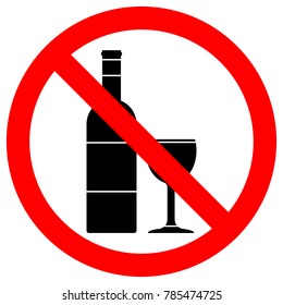 NO DRINKING sign. Wine bottle and cup in crossed out red circle. Vector icon.