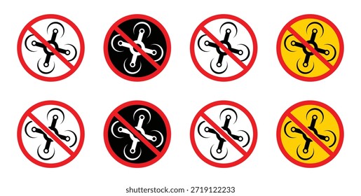 No drone sign. Warning, no flying drone icon. Red prohibition sign with a black silhouette of a drone inside indicating no drone zone .