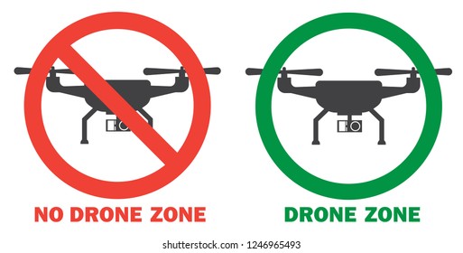 No drone zone and drones allowed template. Flat design of drone icon with action camera. Logo concept. Isolated vector illustration.