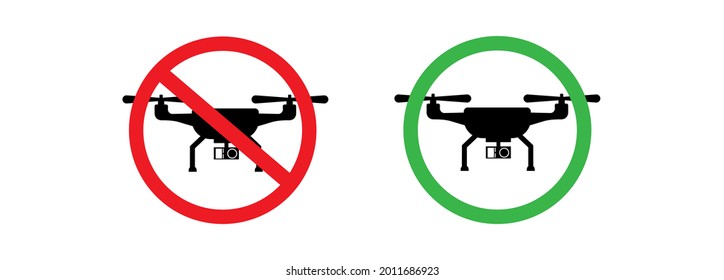 No drone zone and drones allowed template. Flat design of drone icon with action camera. Logo concept. Isolated vector illustration.	