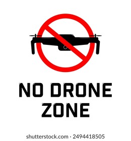 No drone zone icon with red prohibition sign and text with highlights.  Vector illustration isolated on transparent background.