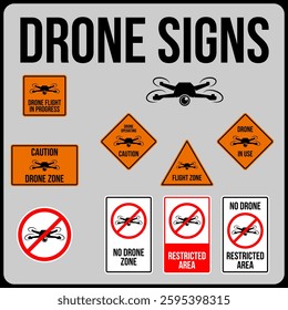 No drone zone sign. Drone flight warning sign. Drone flight prohibition sign. Information sign about flight zone. No-fly circle. No flights allowed. Vector illustration image.