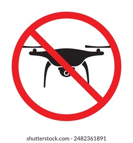 No drone zone sign flights with drone prohibited, icon vector. A no-go zone sign for drones . Flat design drone icon with action camera. Drone flying is forbidden. Isolated vector illustration.