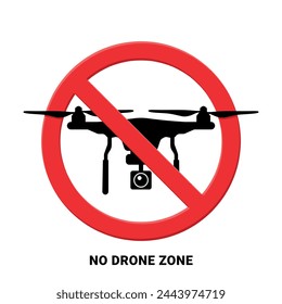 no drone zone sign, no flying drones allowed symbol, forbidden circle, black icon with red crossed out circle vector illustration