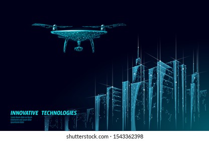 No drones city low poly banner template. Regulation of unmanned aerial vehicles sky delivery. Law ban aircraft privacy protection. Private zone information security. Polygonal vector illustration