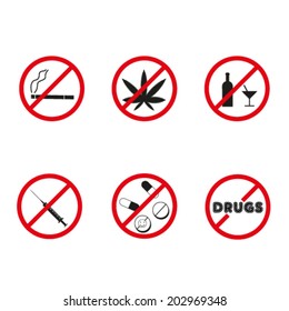 No Drugs, No Alcohol  Prohibition Signs. Vector.