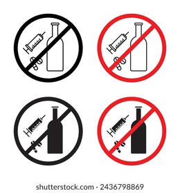 No Drugs or Alcohol Sign Vector Illustration Set. Prohibited Drugs and Pills Sign suitable for apps and websites UI design style.