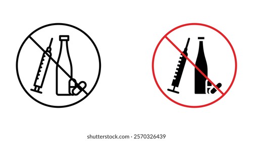 No drugs or alcohol sign vectors set in black. line and flat versions