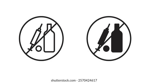 No drugs or alcohol sign vectors set in black. line and flat versions