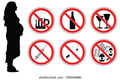 No drugs, alcohol, smoking cigarettes for pregnant woman, vector.