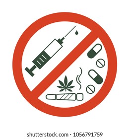 No Drugs Allowed. Drugs, Marijuana Leaf With Forbidden Sign - No Drug. Drugs Icon In Prohibition Red Circle. Anti Drugs. Just Say No. Isolated Vector Illustration On White Background.