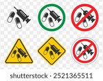 No drugs allowed. Pills and Syringe medical icon shape. Medicine prohibited logo symbol sign. Vector illustration image. Drug free zone.