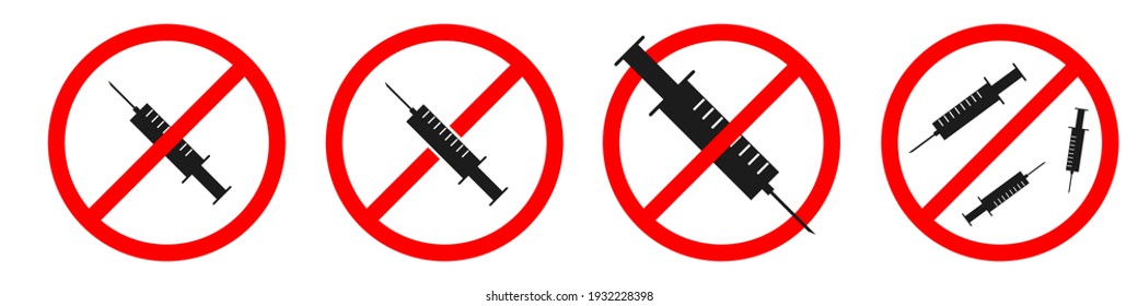 No drugs allowed. No syringe sign on white background. Stop Drugs icons set. Vector stock illustration.