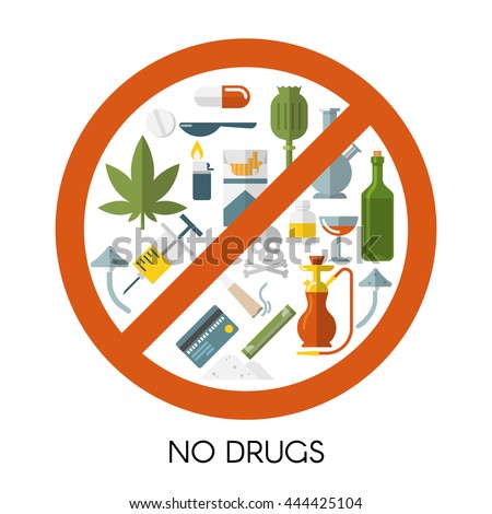 No drugs composition with isolated colored icon set red prohibition sign and title no drugs vector illustration