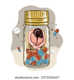 No drugs, concept design. Woman in a jar of pills. International day against drug abuse illustration, banner