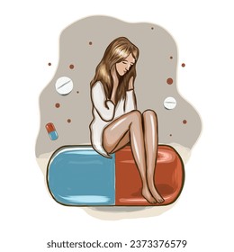 No drugs, concept design. Woman in a jar of pills. International day against drug abuse illustration, banner. Wall stickers